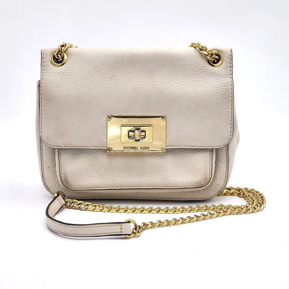 Michael Kors Sloan Leather Convertible Crossbody Shoulder Bag Gold Chain Ivory